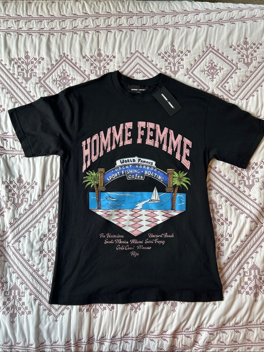 HOMME FEMME Black Graphic Tee with Pink Lettering and Coastal Print